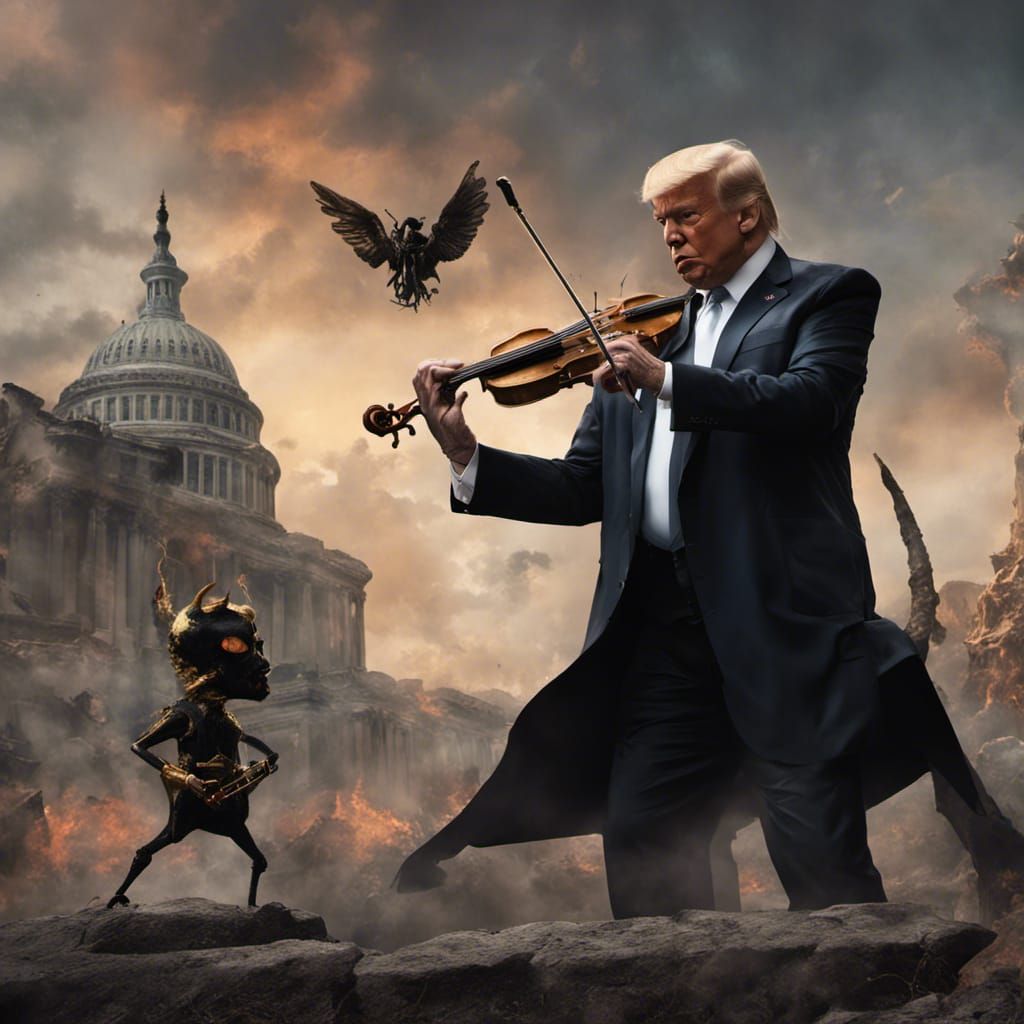 Trump's Fiddle Duel with Devil: Detailed Matte Painting