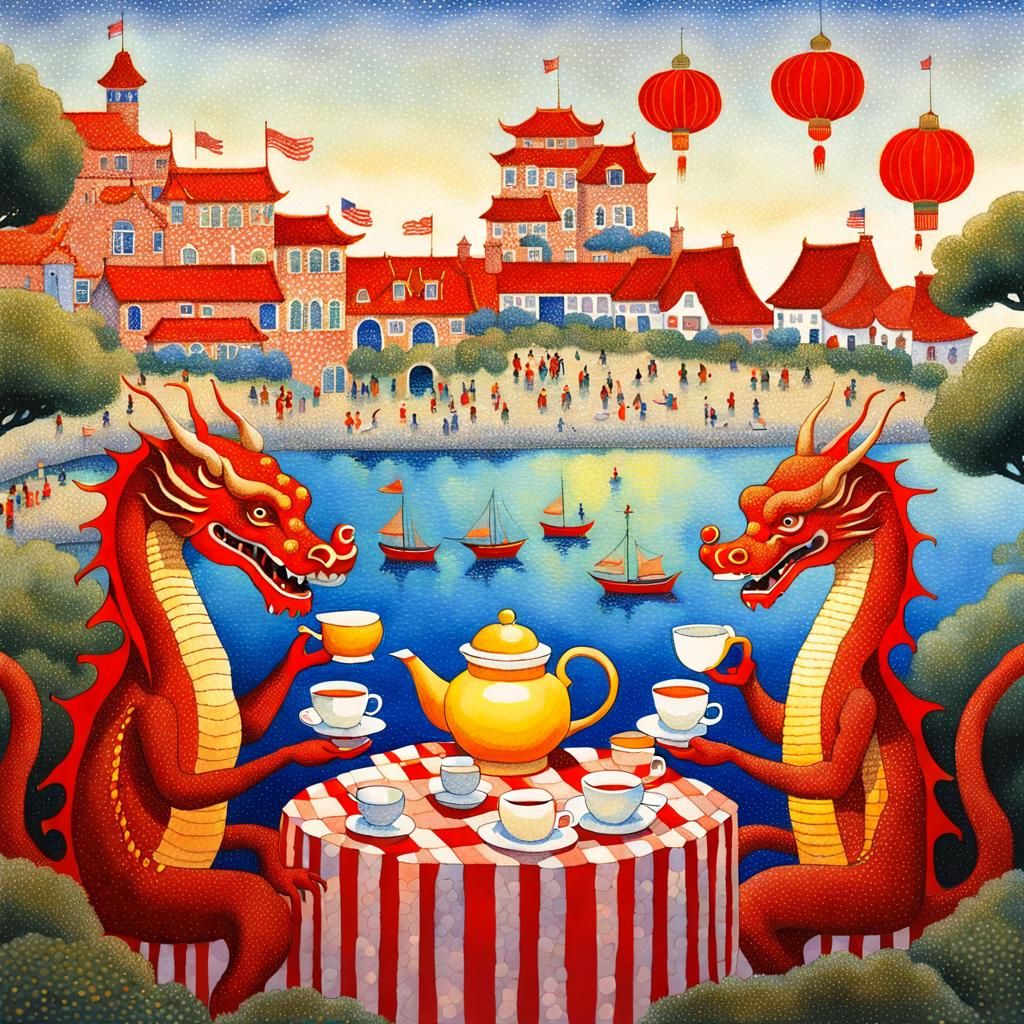 Fairytale Seaside Town Tea Party in Pointillism Style