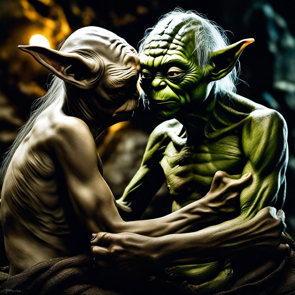 Gollum and Yoda Embrace: Hyperrealistic Digital Art