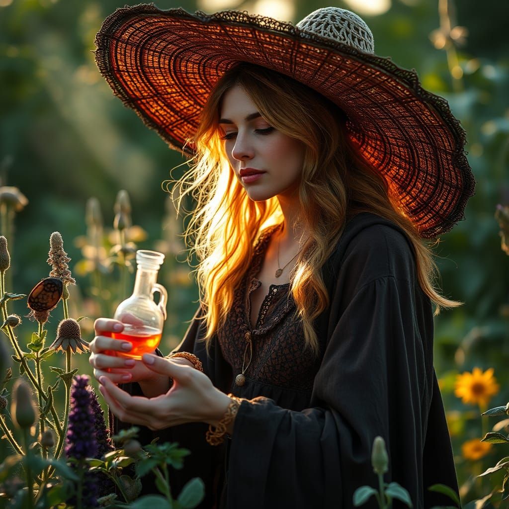 Ancient Herb Witch in Evening Garden Light