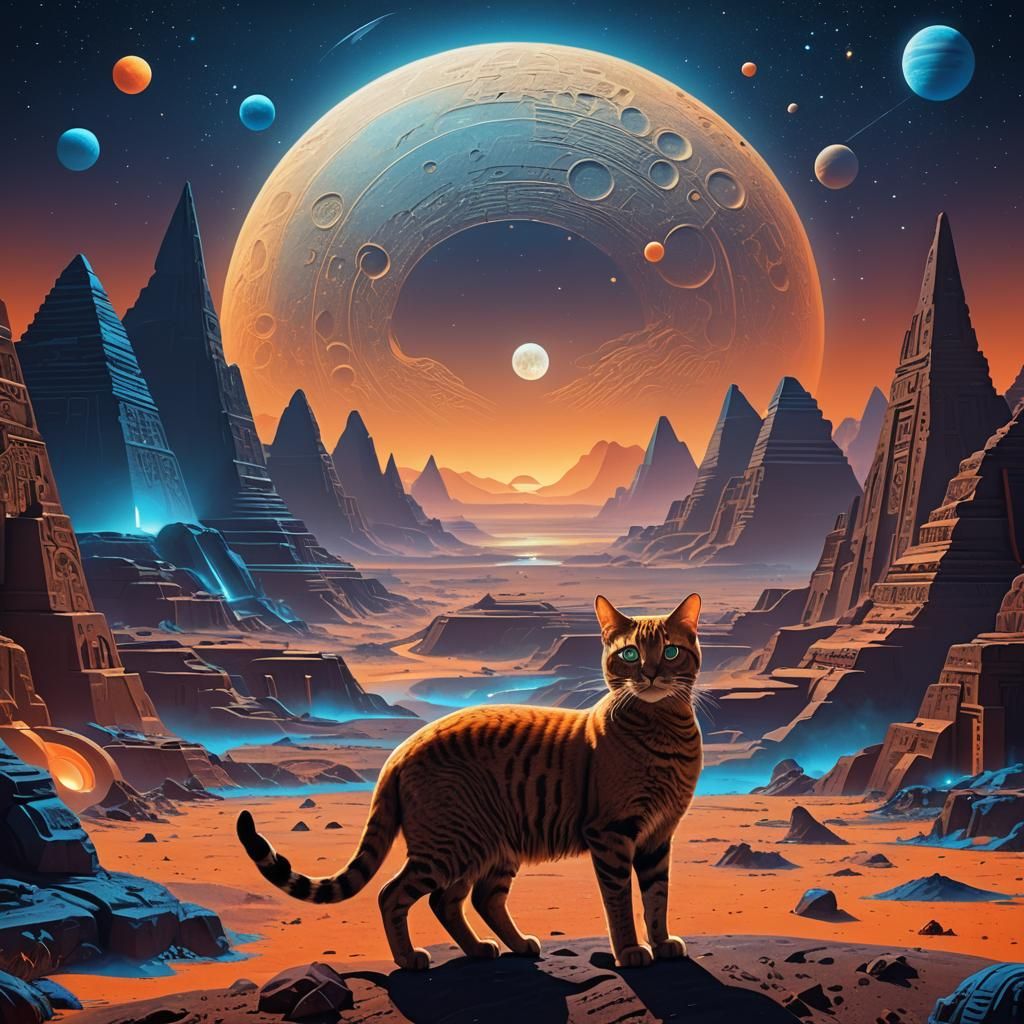 Surreal Egyptian Moonscape with Cat: A Vibrant 3D Rendering