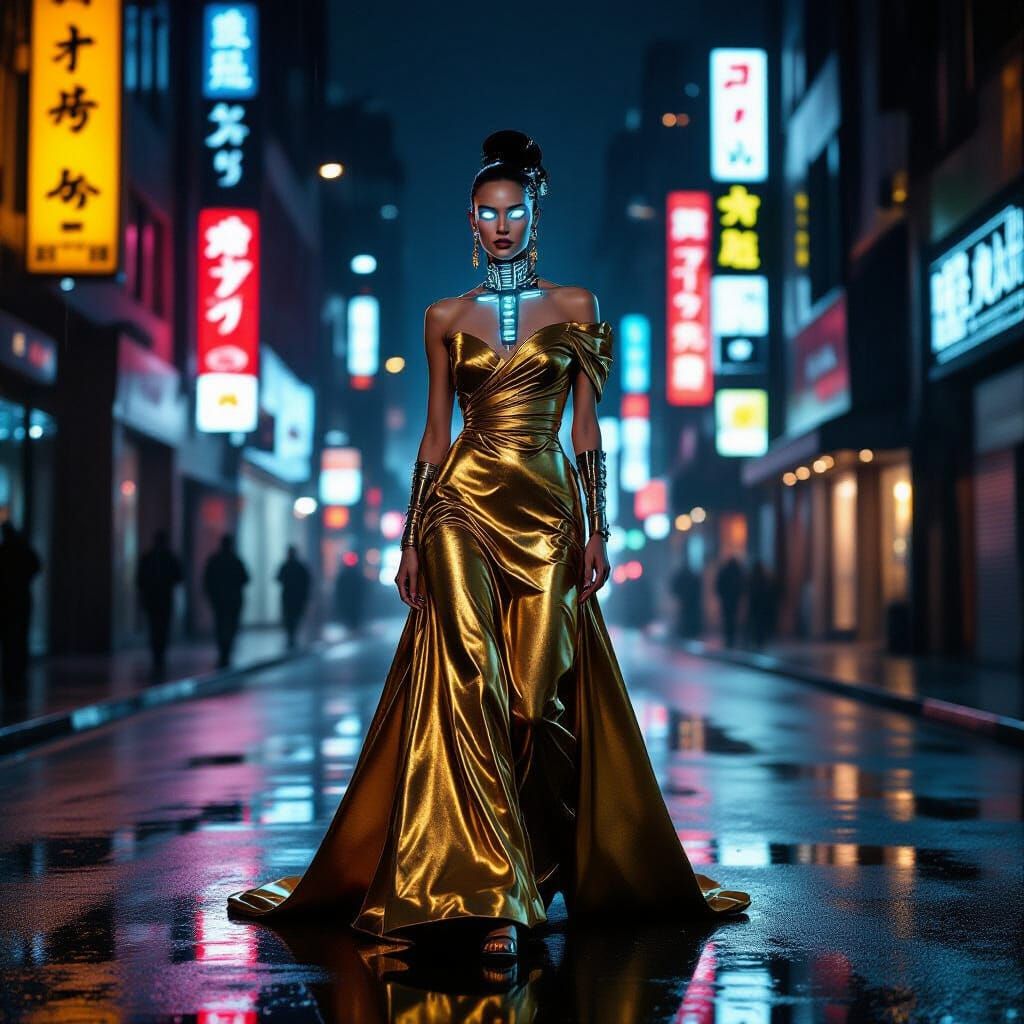 Cyberpunk Fashion Model in Metallic Gown on Neon Street