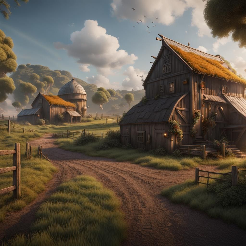 Fantastical Farm in Detailed Matte Painting Style