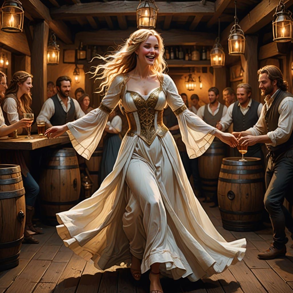 Busty Blonde Dancing in Cozy Medieval Tavern Scene