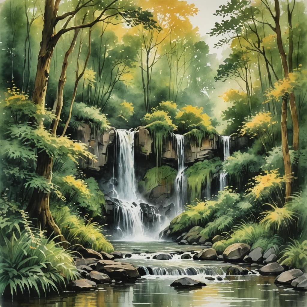 Lush Waterfall in Impressionistic Style