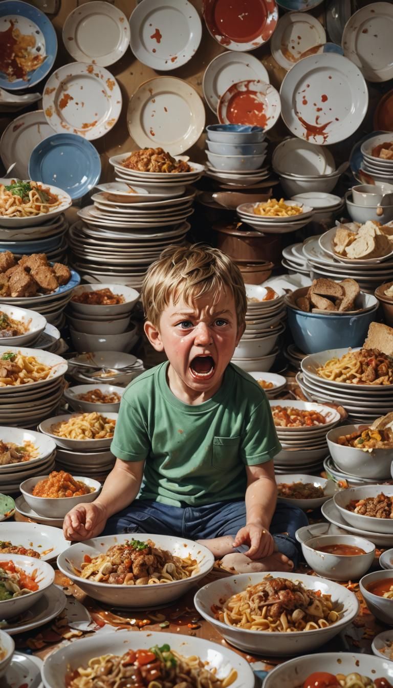 Angry Boy in Food Pile: Hyperrealistic Concept Art