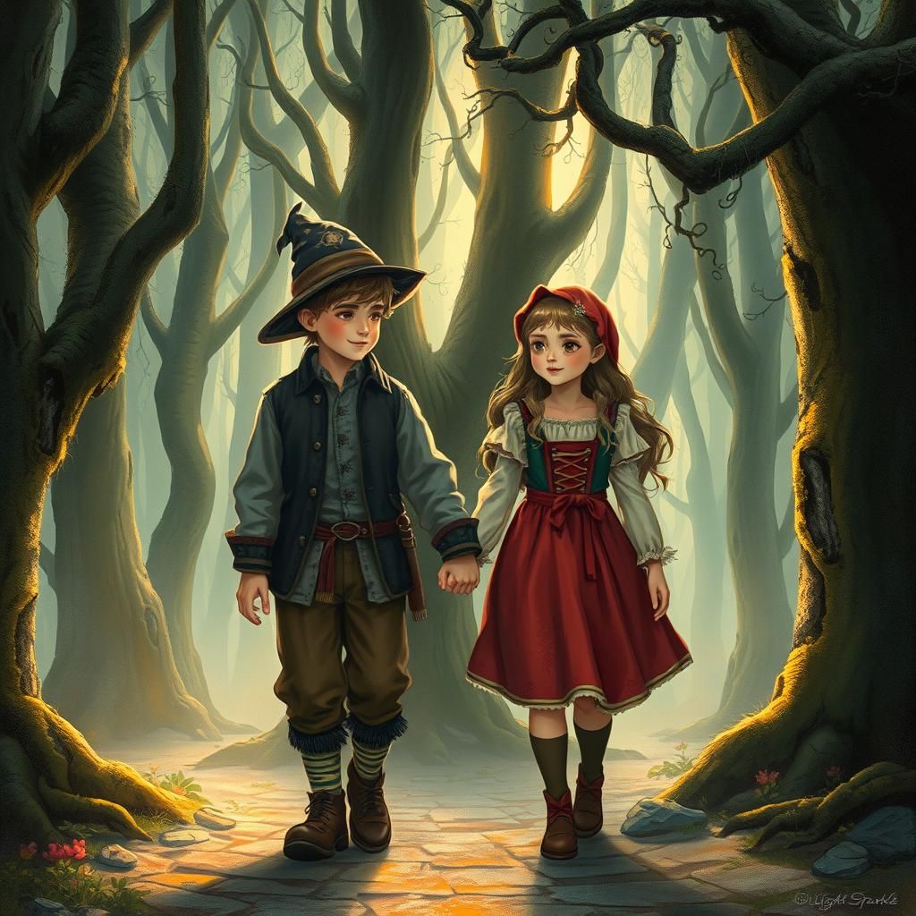 Hansel and Gretel in Enchanted Forest Illustration