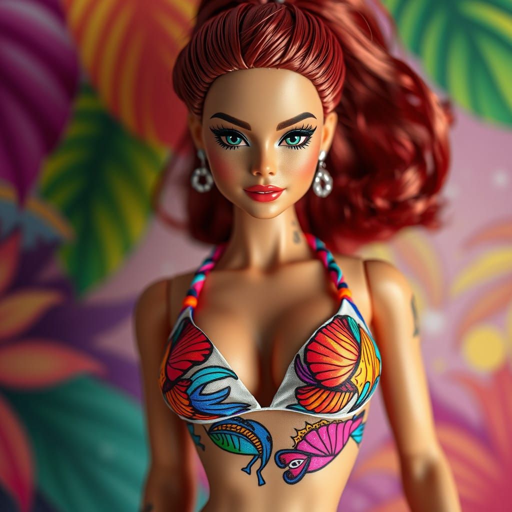 Surreal Hyperrealistic Barbie Doll in Tropical Bikini with D...