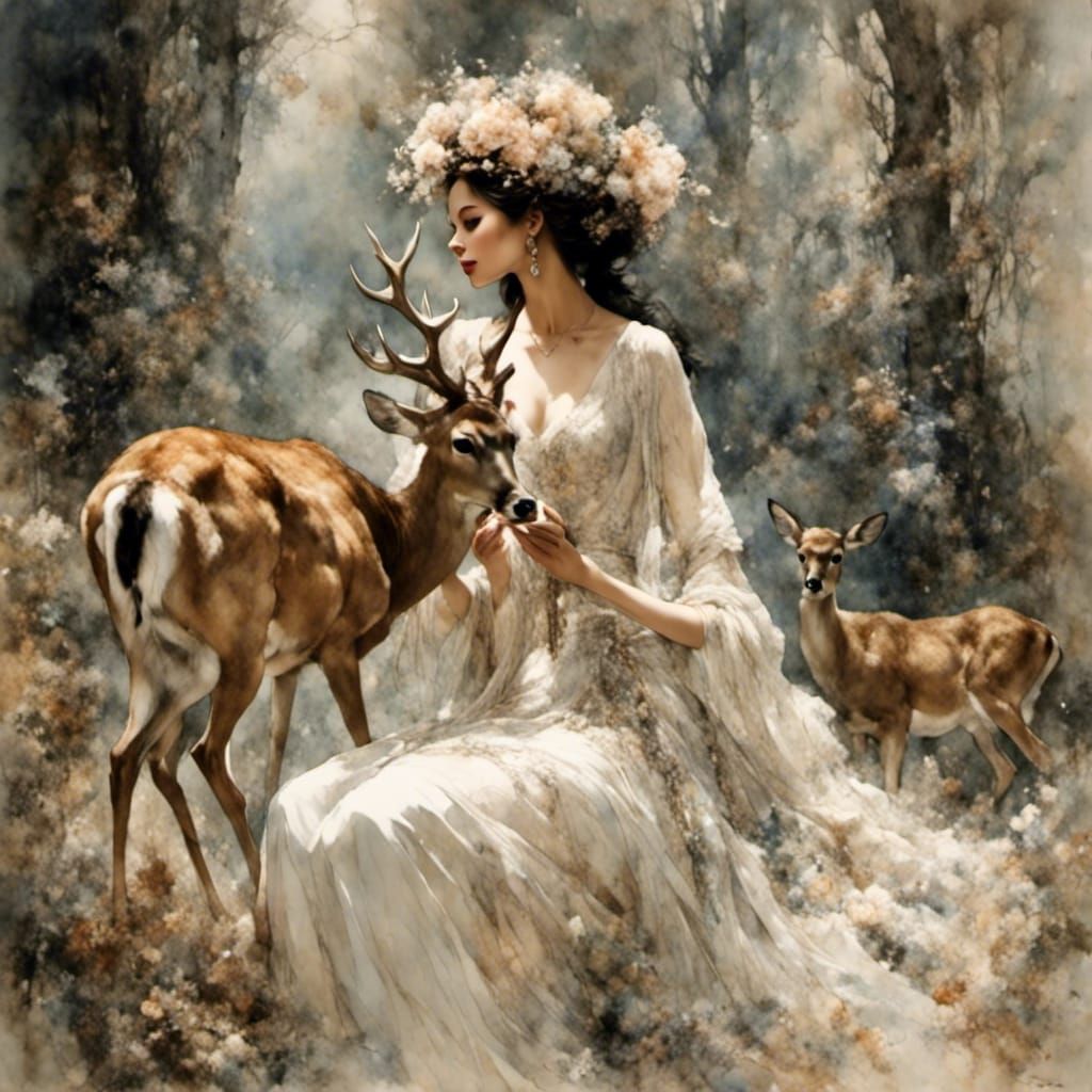 Elegant Woman Feeding Deer in Forest Painting