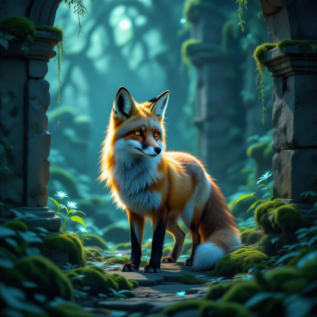 Ethereal Fox in Bioluminescent Ruins