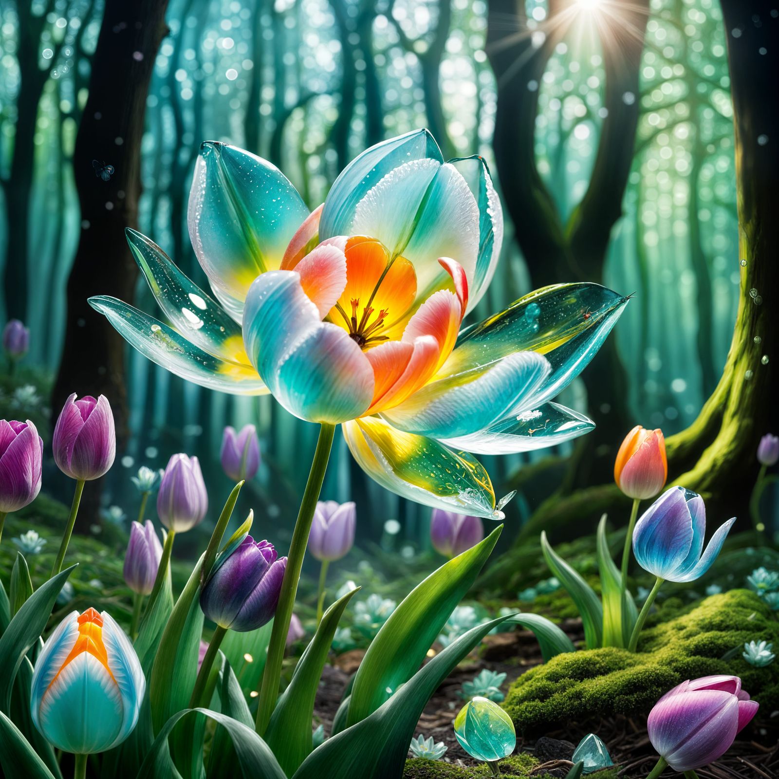 Opal Tulips in Bioluminescent Woodland Fantasy