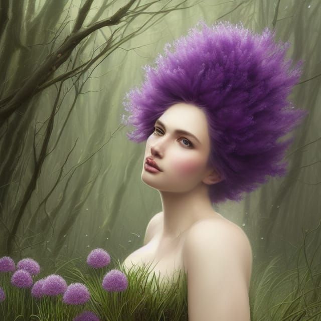 Purple-Haired Woman with Flowers in Forest, Detailed Portrai...