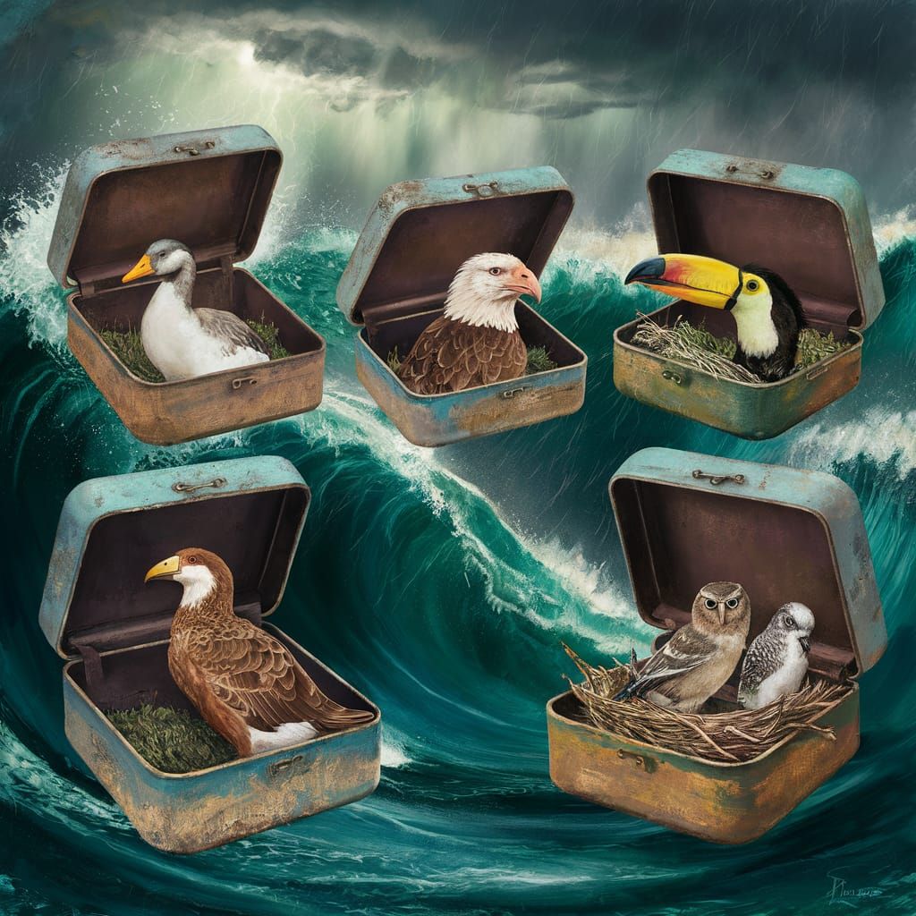 Surreal Vintage Boxes Floating in Stormy Ocean