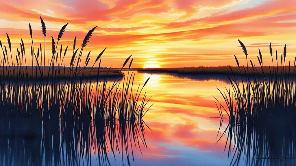 Serene Marshland Sunset in Vibrant Watercolor Style