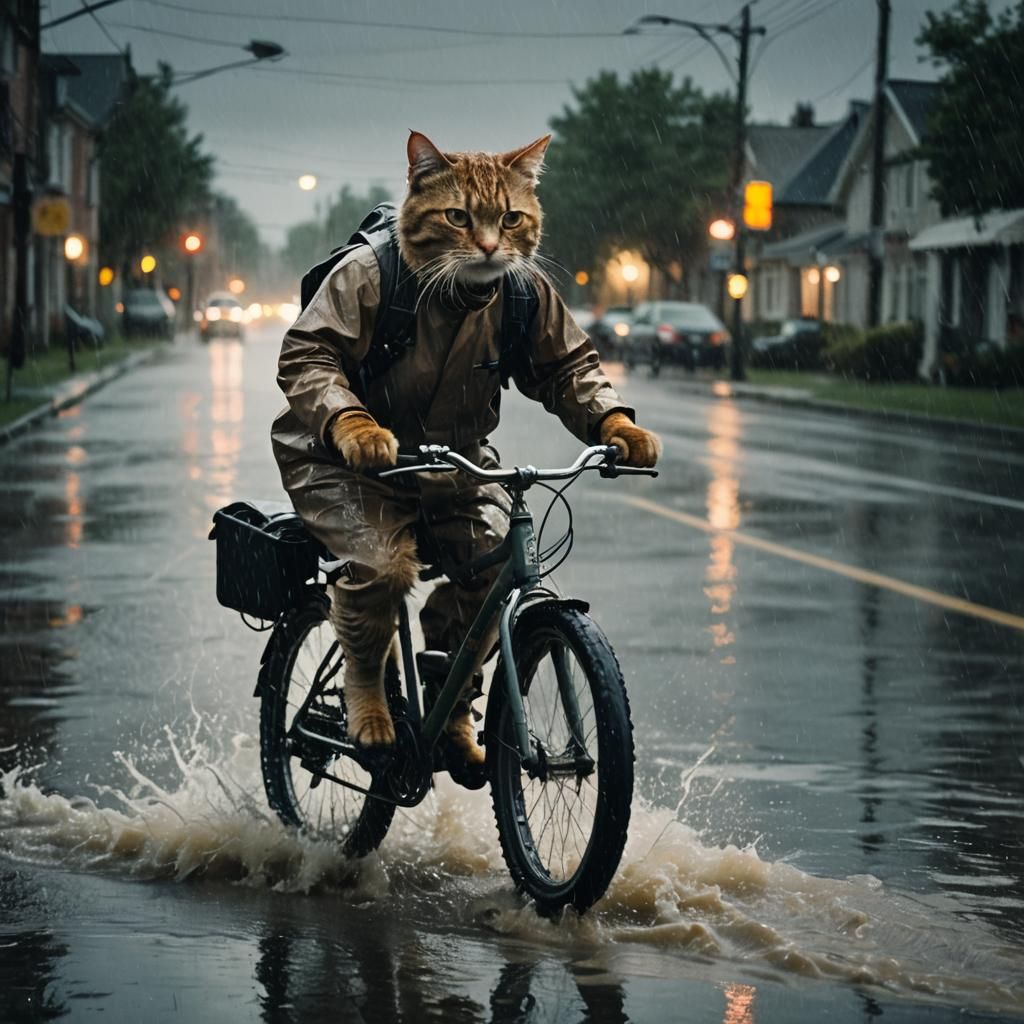 Cat Rides Bicycle in Storm: Film Noir Style