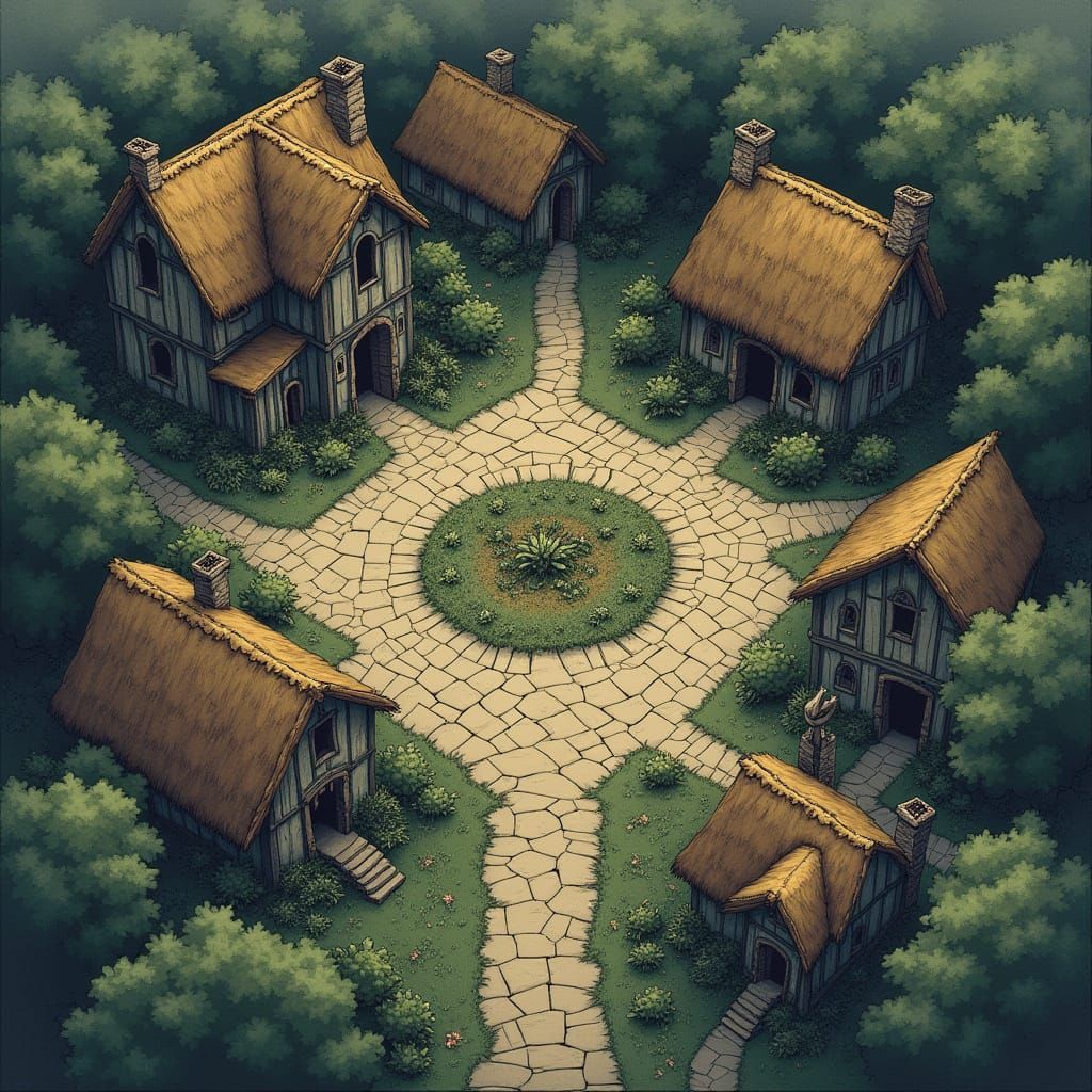 Gothic Decayed Village: Hand-Drawn DND Map