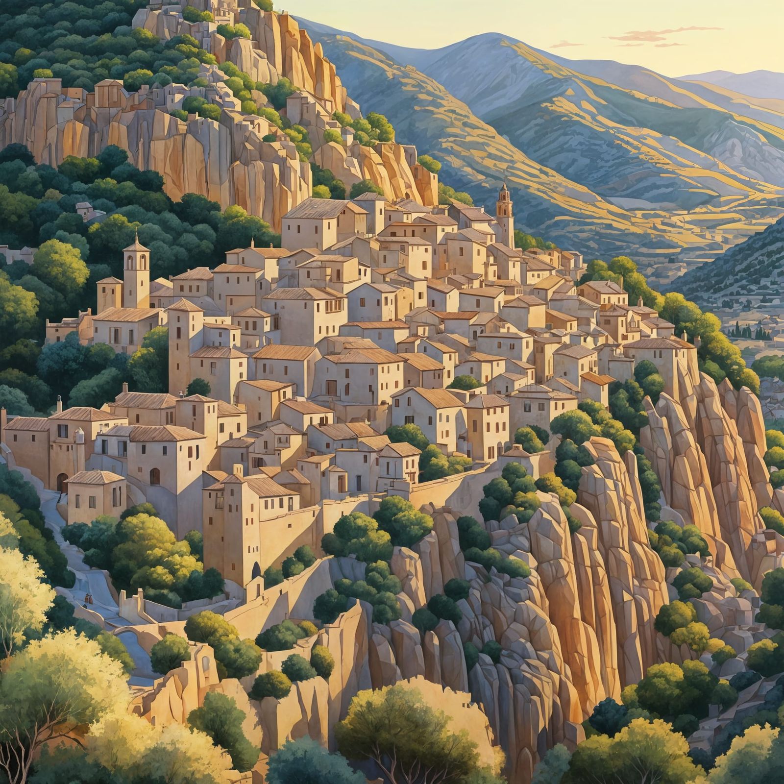 Medieval Village at Magic Hour in Hyperrealistic Style