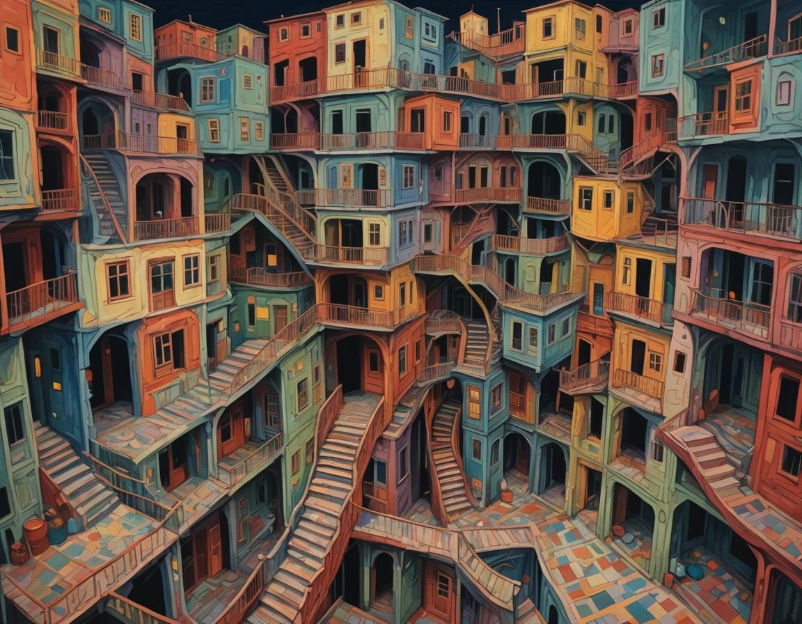 Expressionist Nightmare: Interconnected Rooms in Gouache