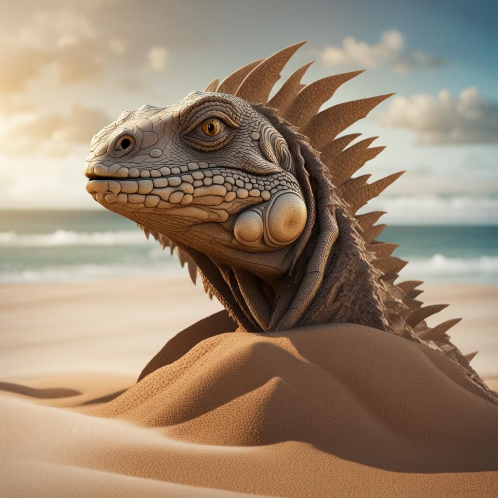 Sand Iguana Head Sculpture on a Beach