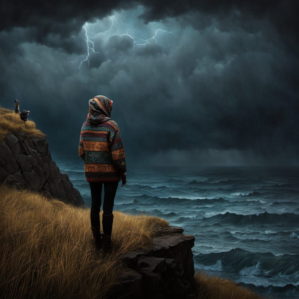 Girl Stands on Cliff's Edge, Gazing Out to Sea at Sunset Ami...