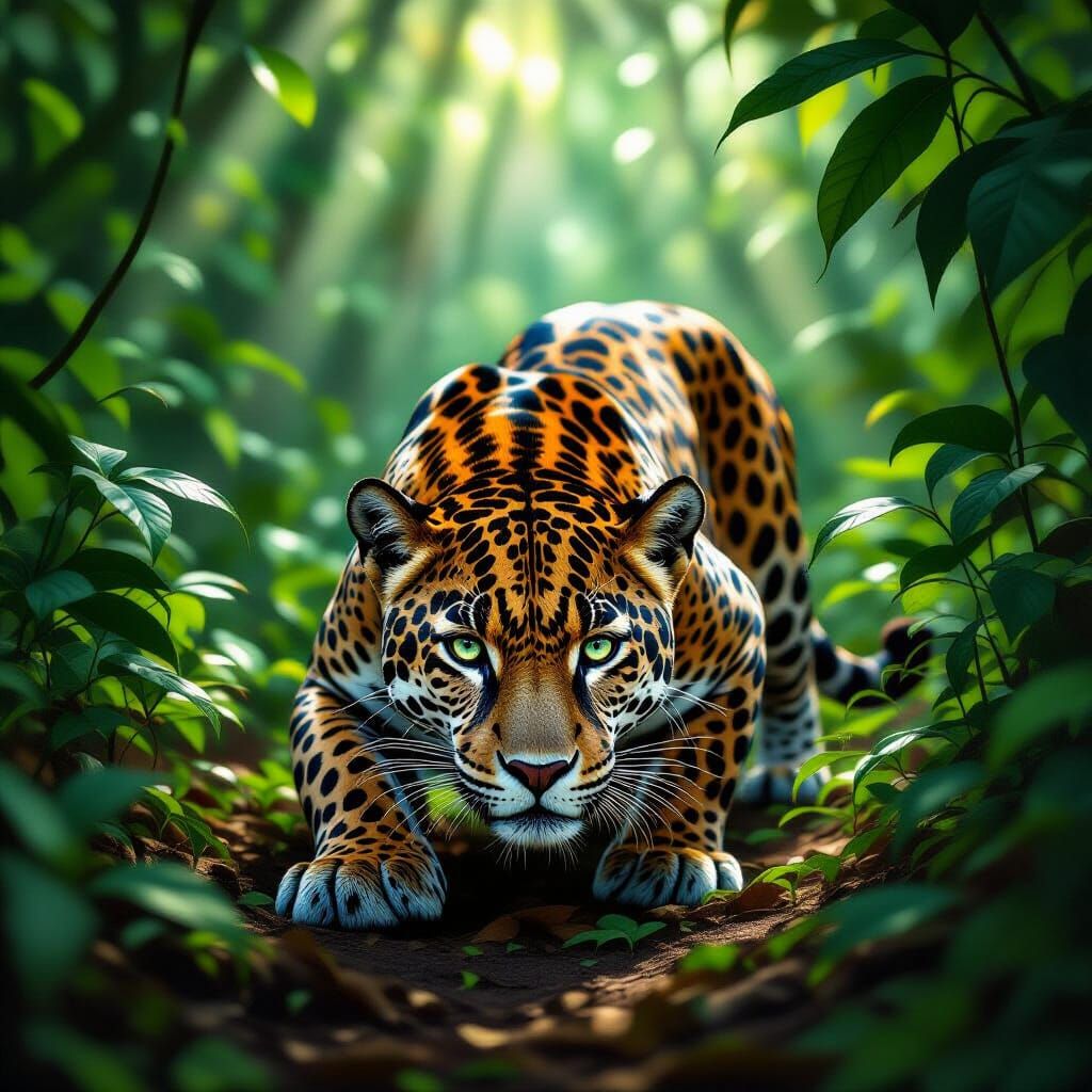 Jaguar Stalking Prey in Dappled Jungle Light