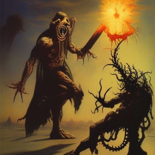LOVECRAFTIAN WIZARD  DUELING SURVIALST WARLOCK BY FRANK FRAZETTA