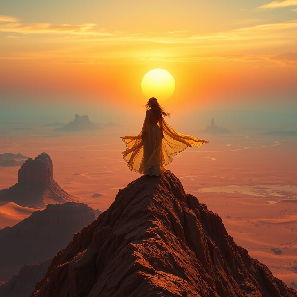 Serene Desert Goddess Amidst Sunrise Majesty