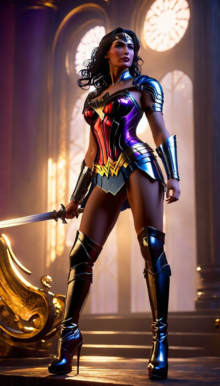 Wonder woman in latex wear and over knee stiletto platform high heel boots standing in battle position