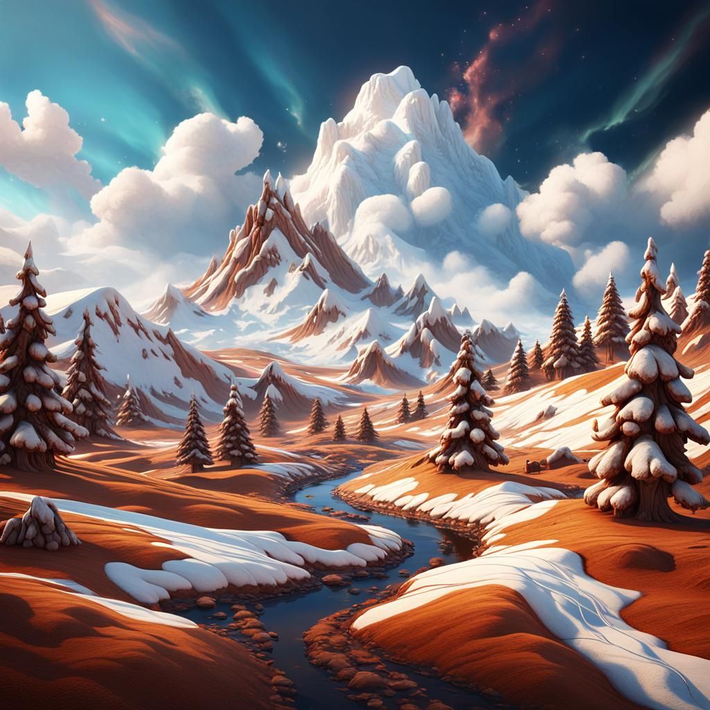 Marshmallow landscape with cinnamon and chocolate