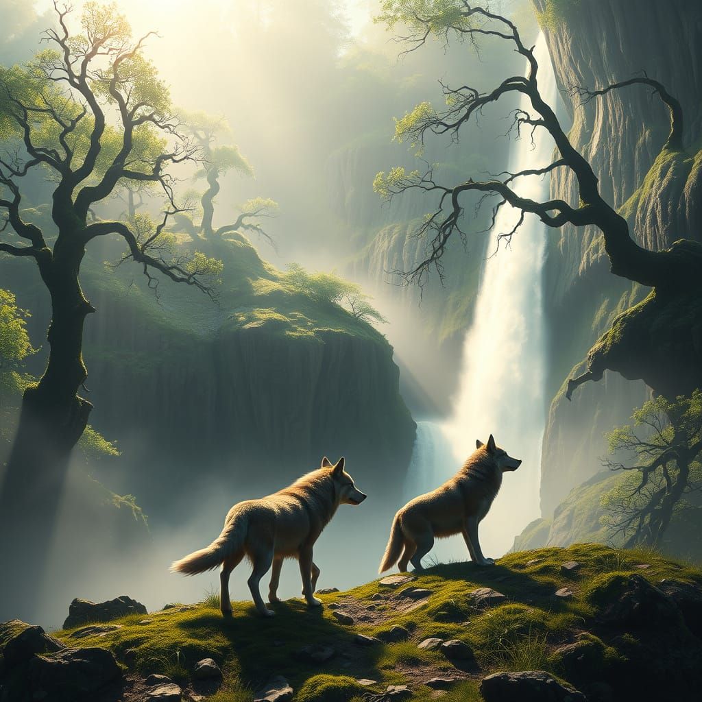 Regal Wolf Pack Emerges into Luminous Waterfall Scene