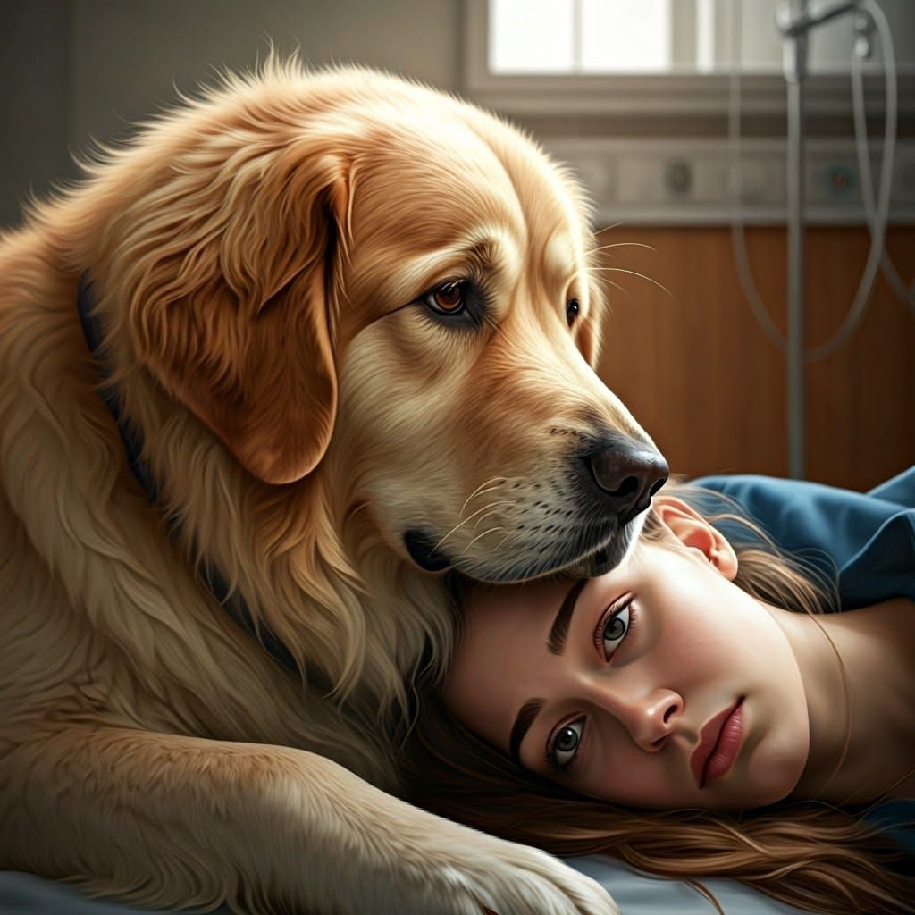 Therapy Dog Comforting Woman in Hospital, Matte Painting