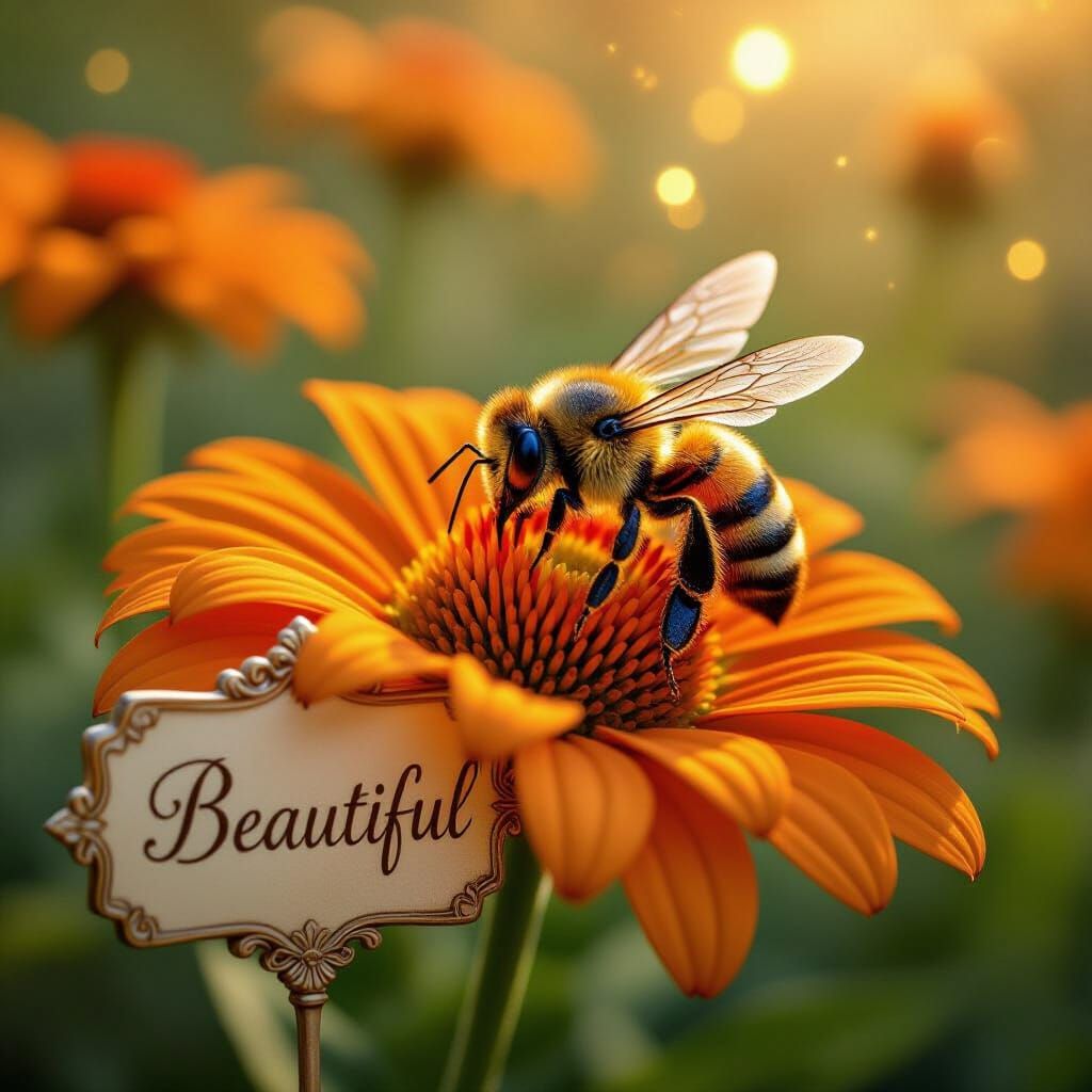 Realistic Honeybee on Orange Flower in Golden Light