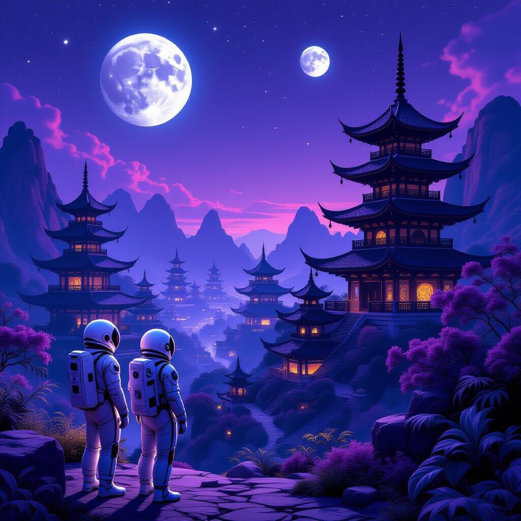Astronauts Discover Alien Pagoda Village Under Two Moons
