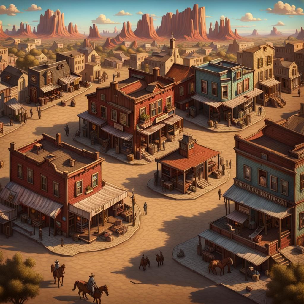 Isometric Old West Cowboy Town in Detailed Matte Painting