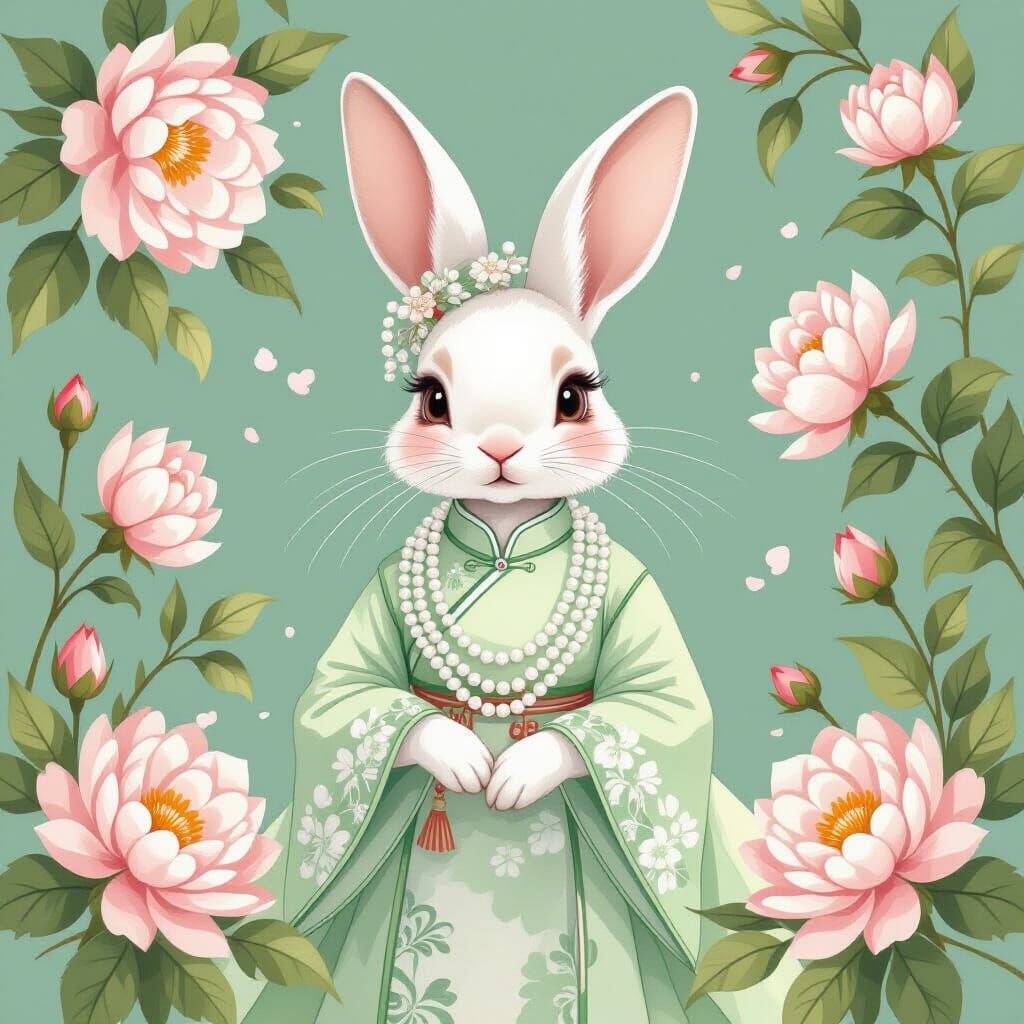 Bunny in Chinese Dress with Floral Background as Watercolor