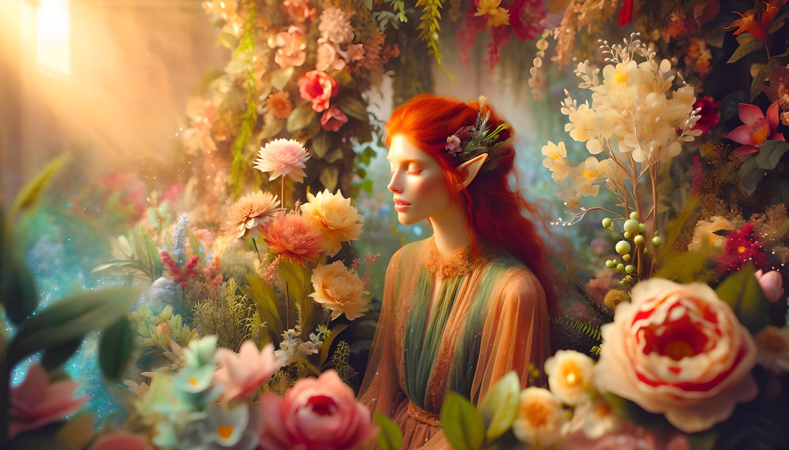 Ethereal Red-Haired Elf in Pastel Floral Realm