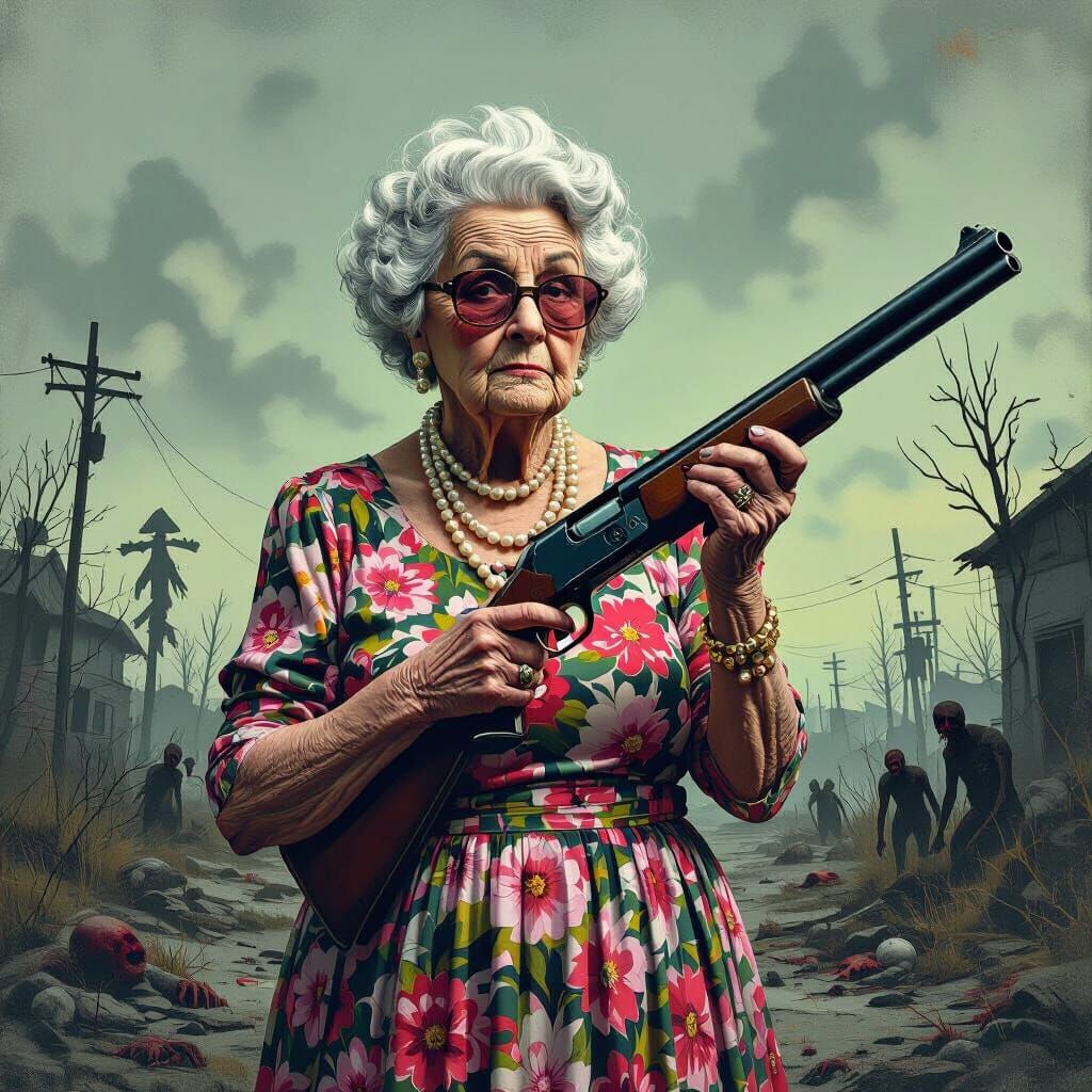 Surreal Grandma with Shotgun in Post-Apocalyptic World