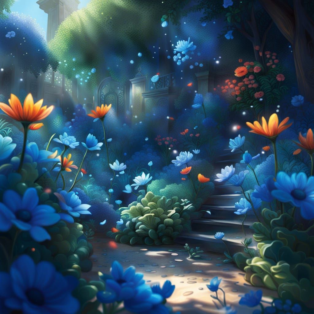 Ethereal Blue Garden with Glowing Plants: Digital Art