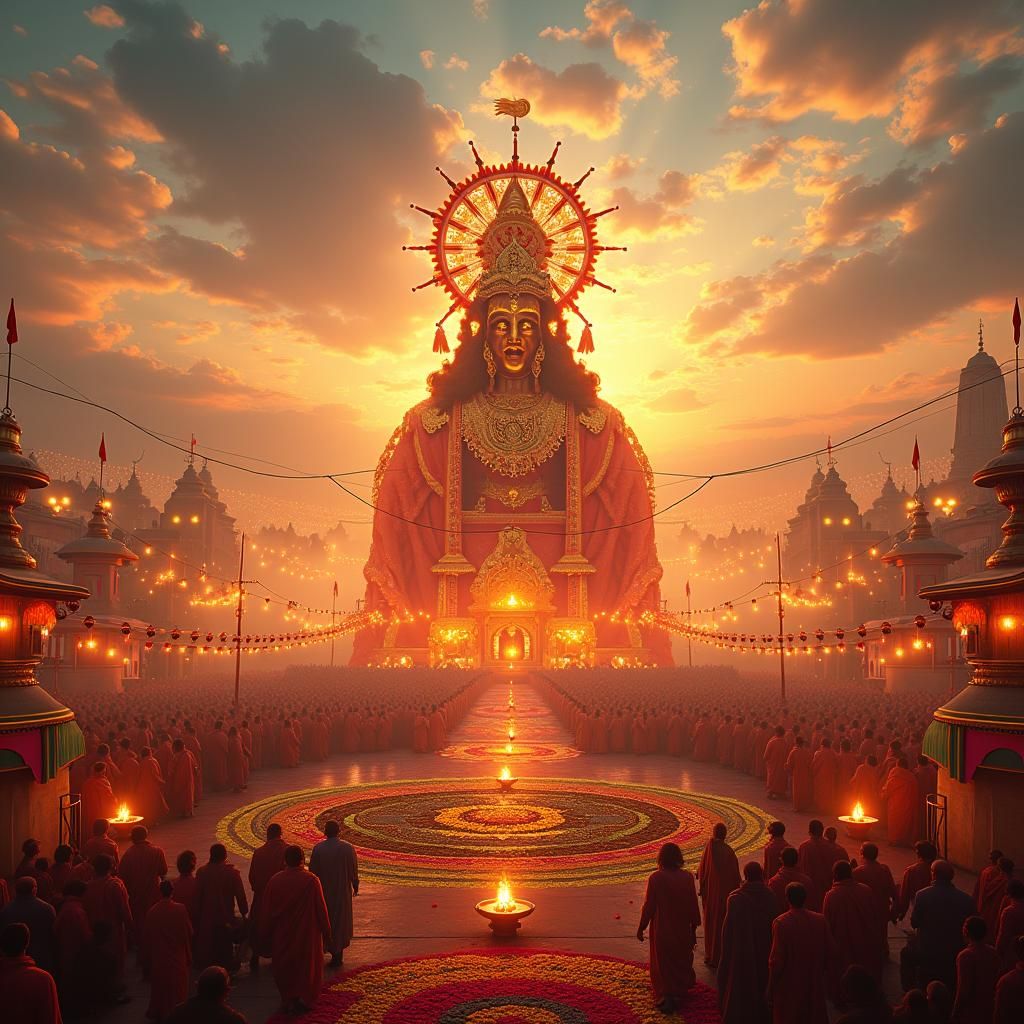 Majestic Dussehra Puja Scene in Dreamlike Cityscape