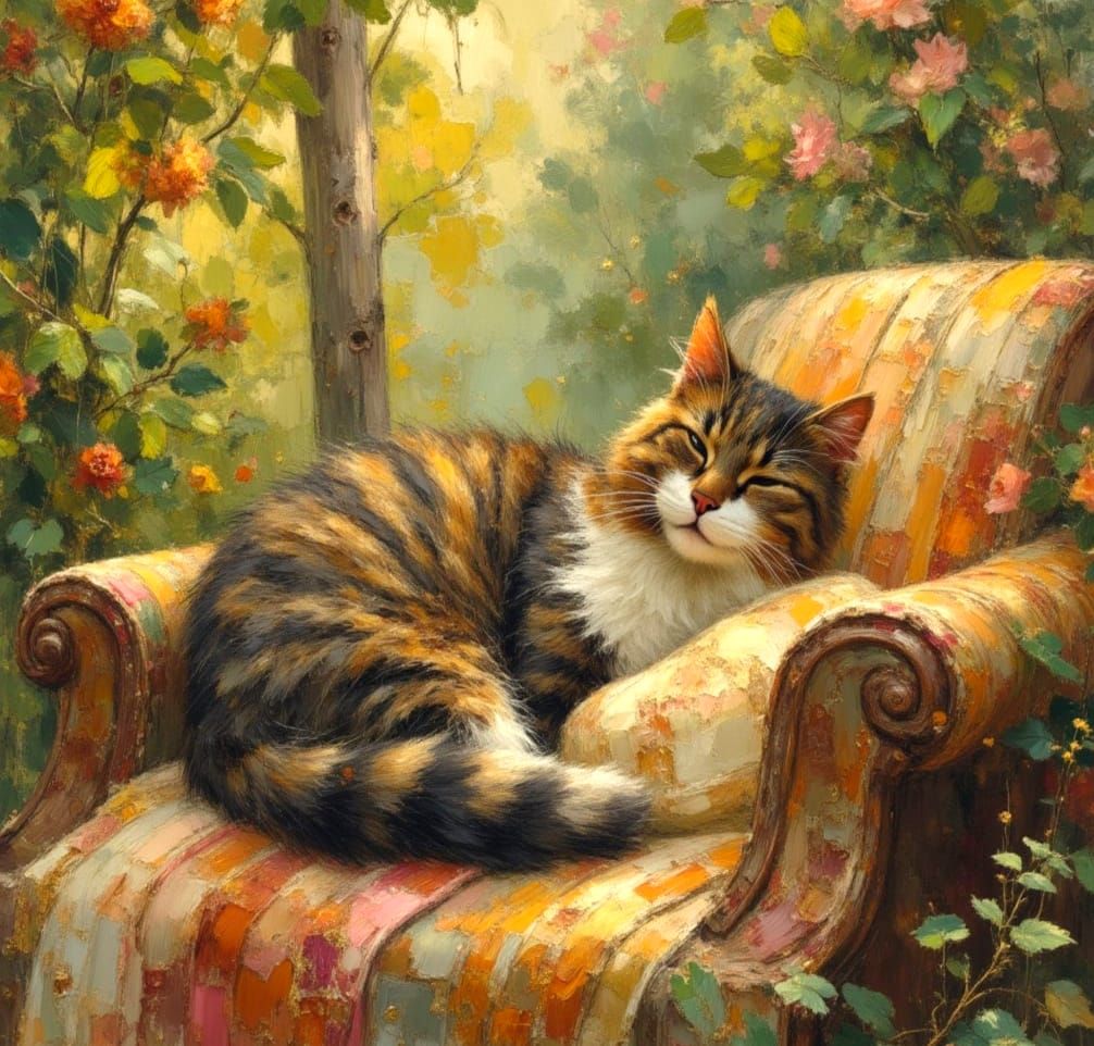 Fluffy Tabby Cat in Impasto Watercolour Oil Painting