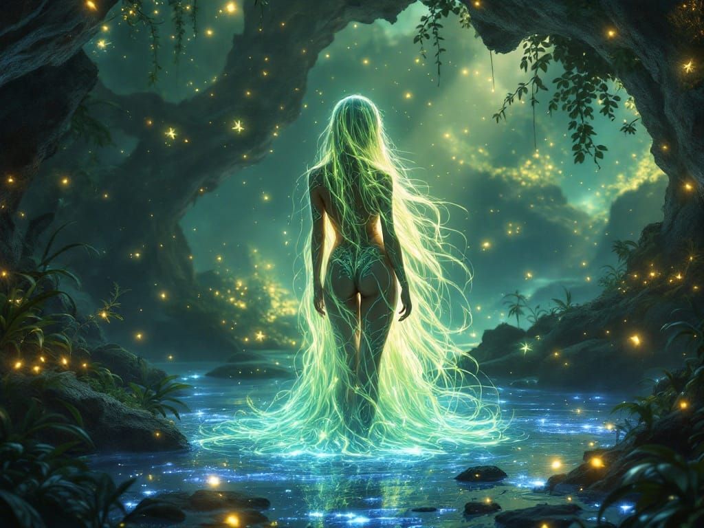 Enchanted Woman in Grotto, Bioluminescent Hair and Glowing T...