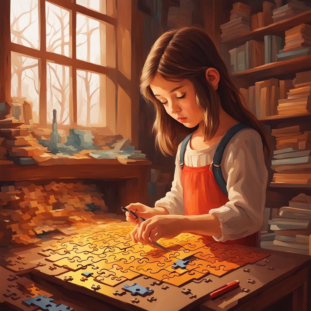 Girl Solves Puzzle Game: Detailed Digital Painting