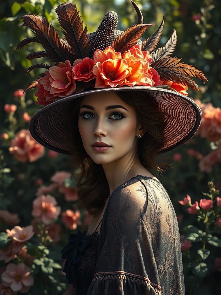 Woman in Enchanting Garden Hat with Vibrant Flowers and Feat...