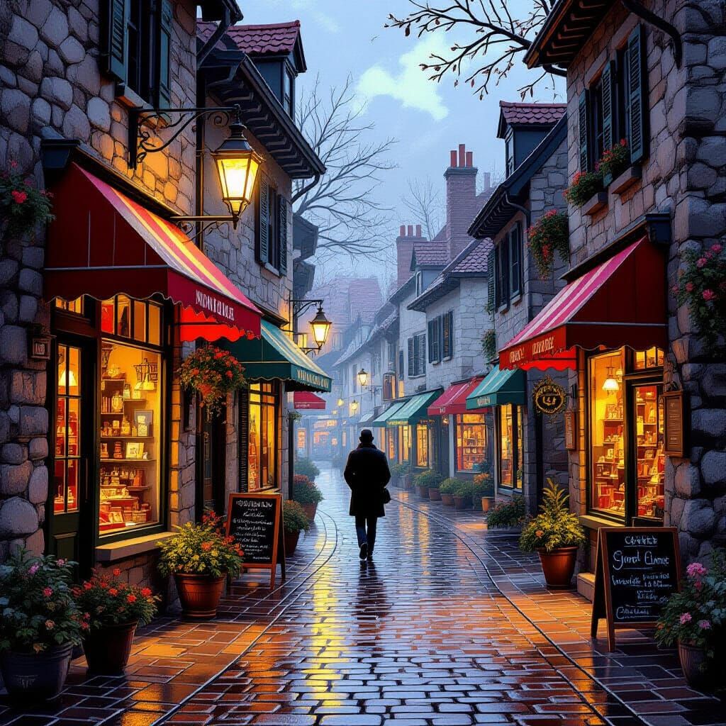 Whimsical European Street Scene with Shops and Lantern Light