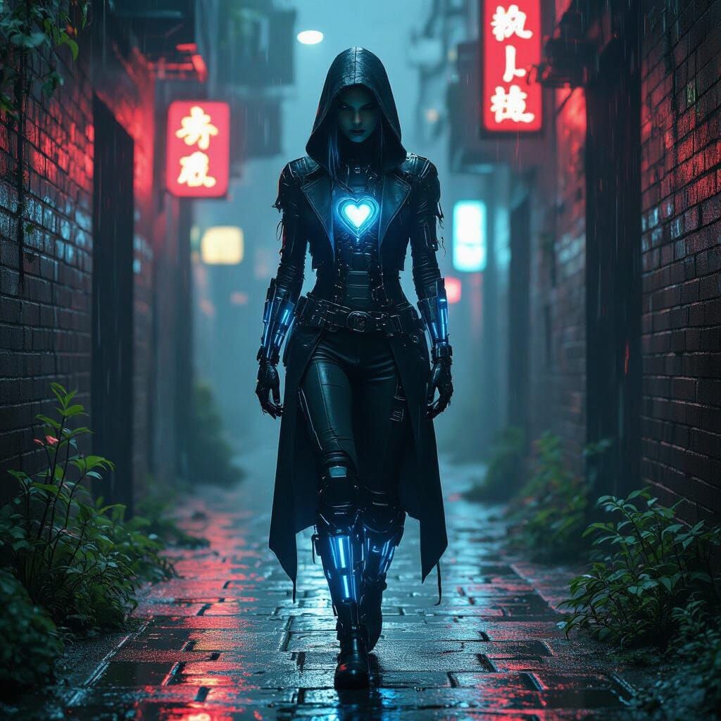 Androgynous Figure with Cybernetic Enhancements in Noir Alle...