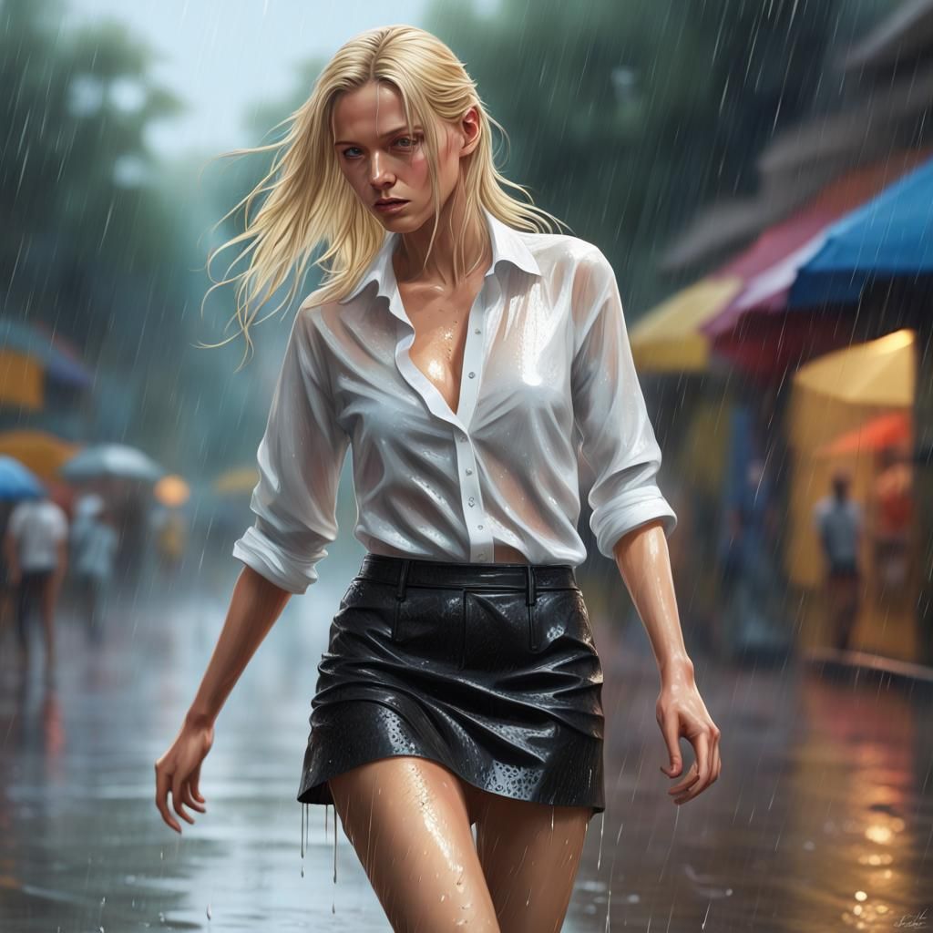 Blonde Girl Walking in Rain, Hyperrealistic Digital Art