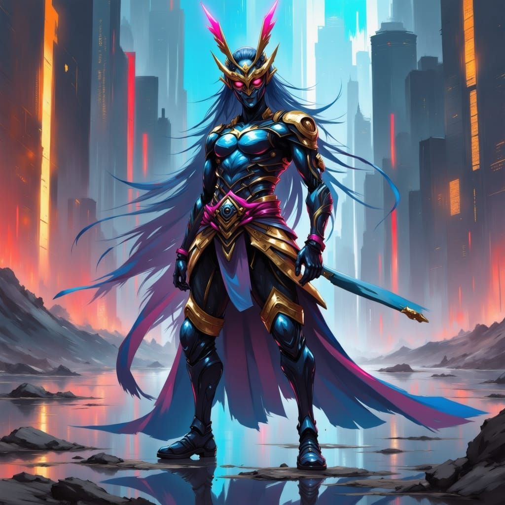 Neo Samurai with Oni Mask in Comic Book Style