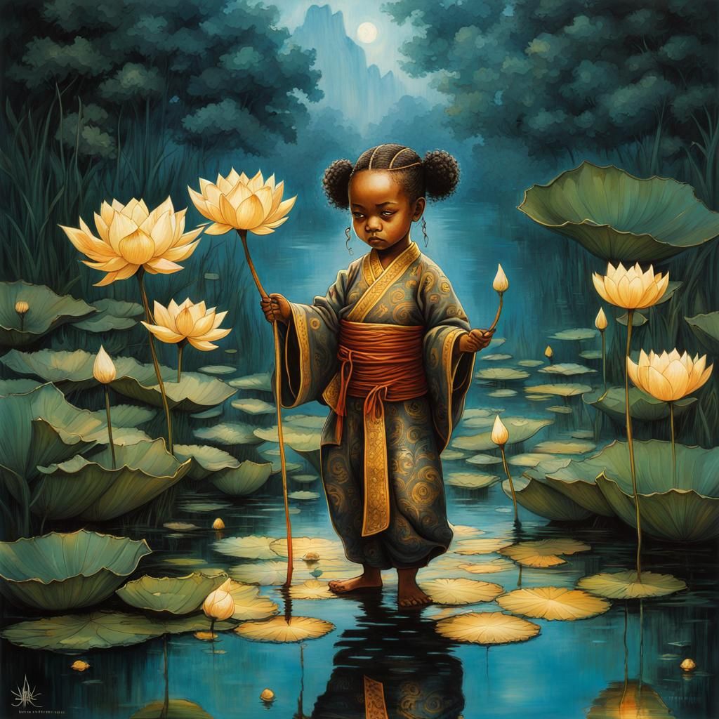 Bioluminescent Chibi Monk on Lotus Pond