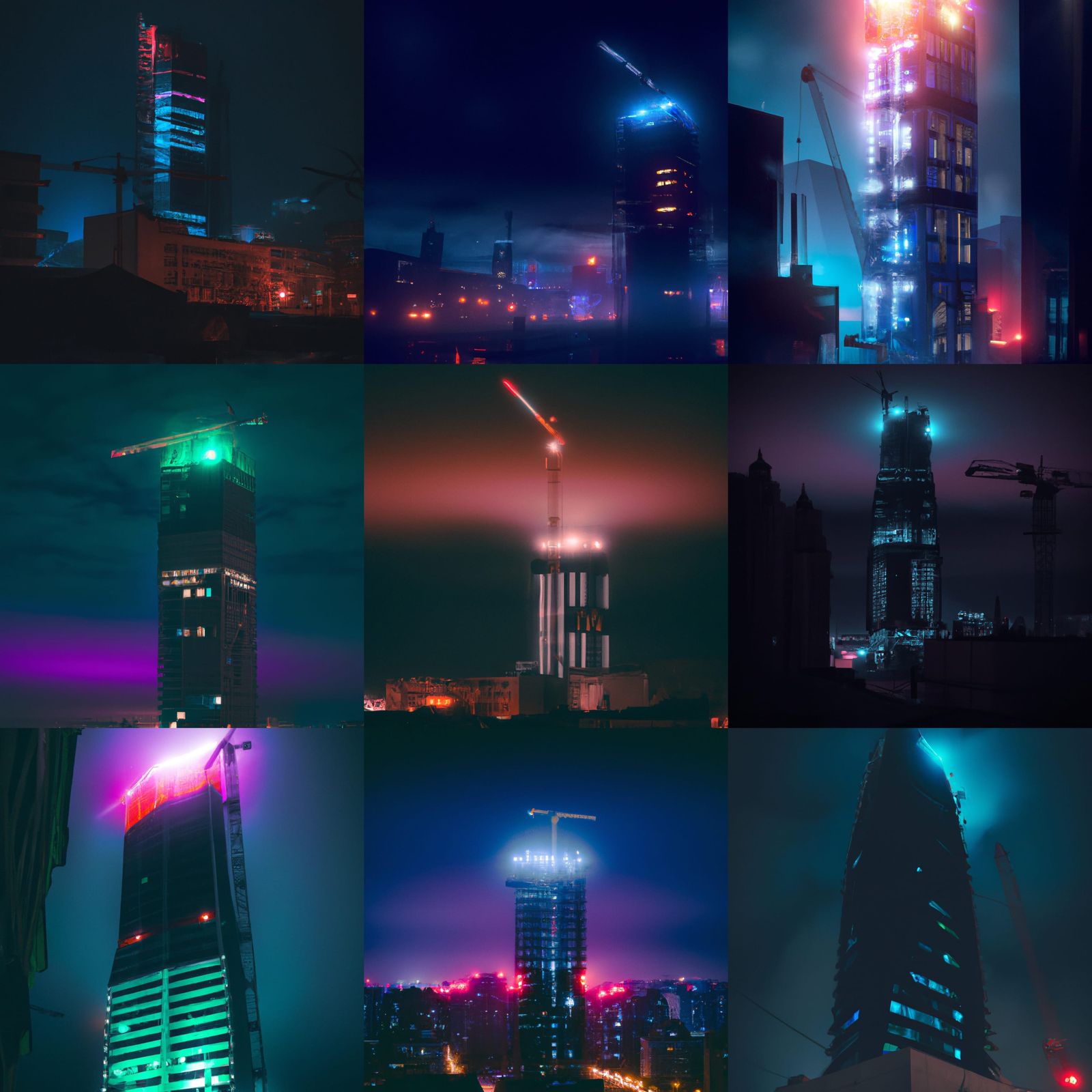 Cyberpunk Cityscape at Night with Tower Construction