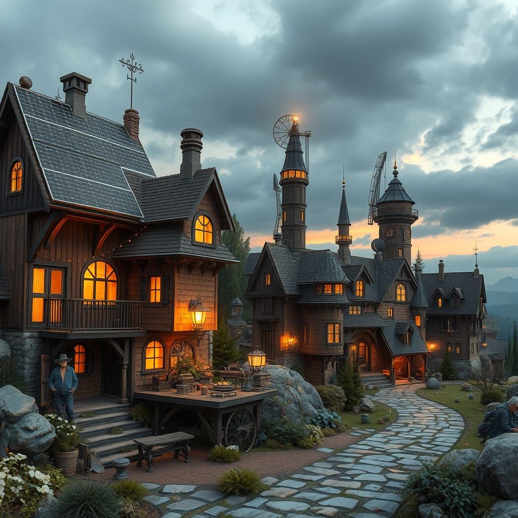 Steampunk Village Powered by Solar Energy